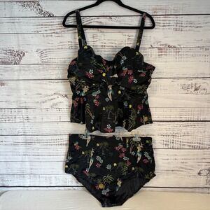 Torrid Sz 2 & 2F Black Hula Girl Underwire Tankini 2 Pc Plus Size Swim Suit